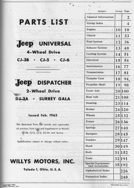 Willys Parts Manual Index 1962