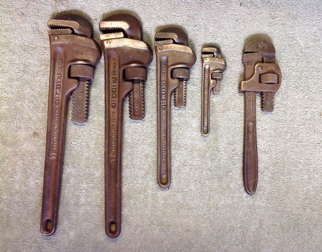 A selection of pipe wrenches from the Ridge Tool Co.