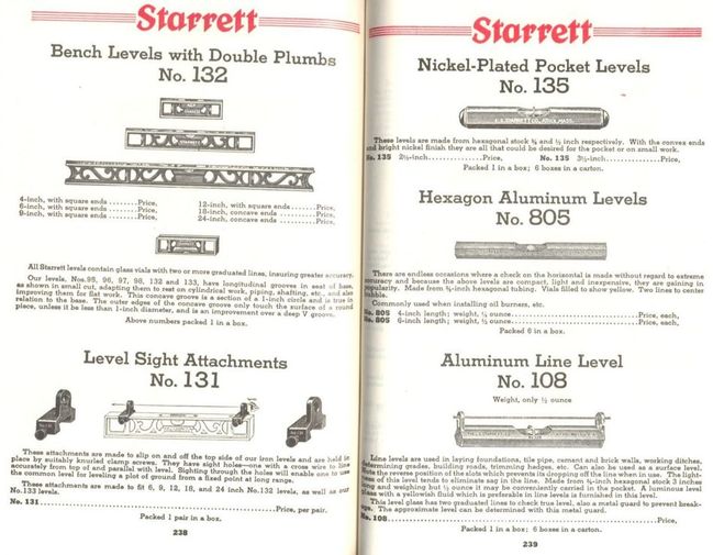 Level page from 1938 Starrett catalog