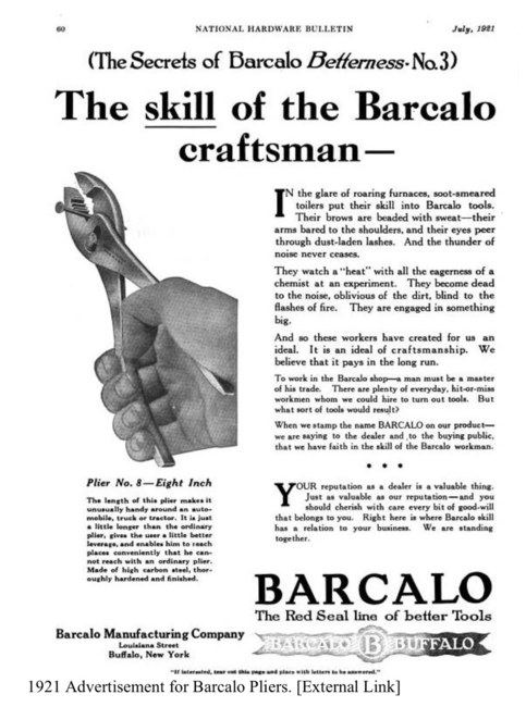 Barcalo plier ad from July 1921