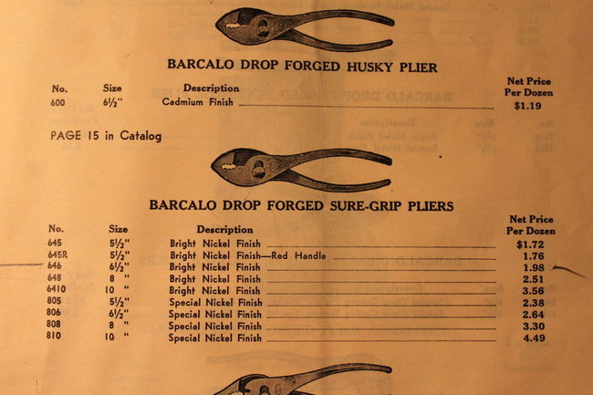 Barcalo pliers price sheet page