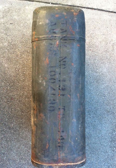 Stencils on the Navy gas can