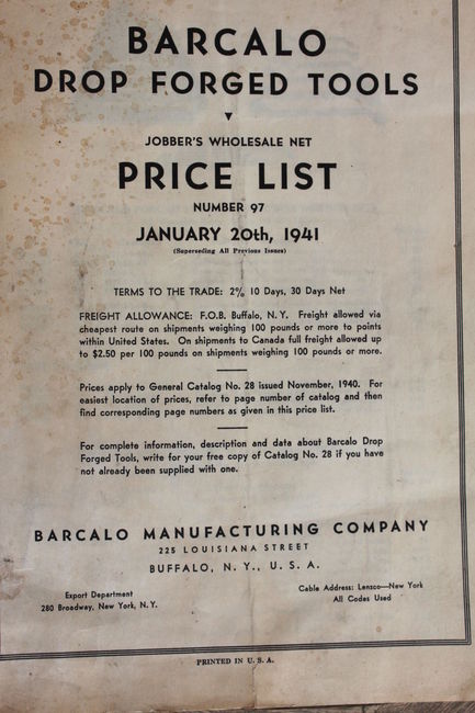 1941 Barcalo price list cover