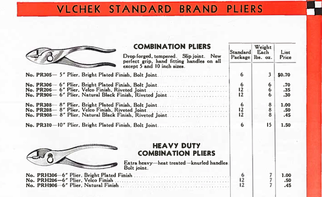 Vlchek plier catalog page