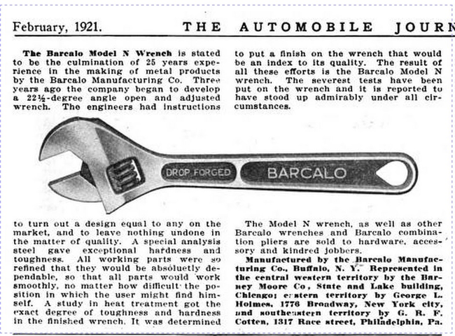 Barcalo adjustable wrench article from 1921