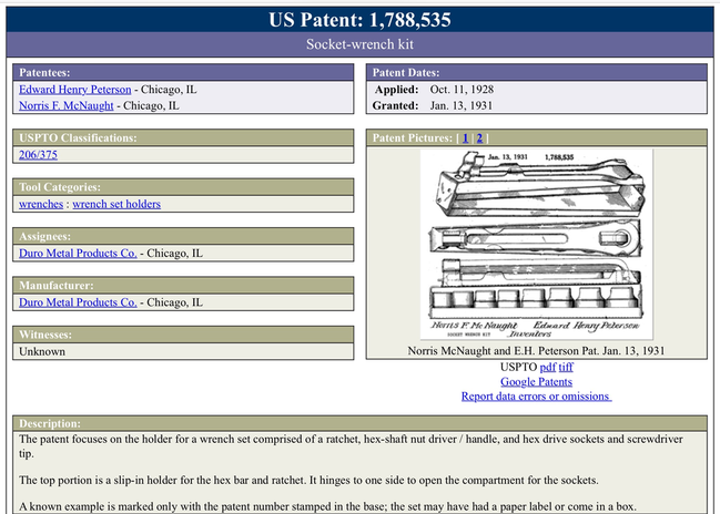 Early Duro Hex socket set patent info