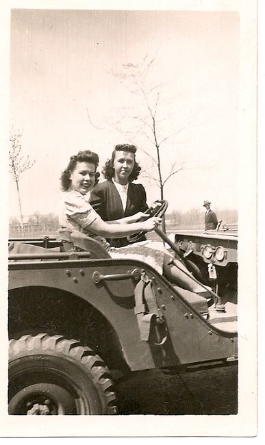 Leo's Mum and friend in Bantam jeep c1947