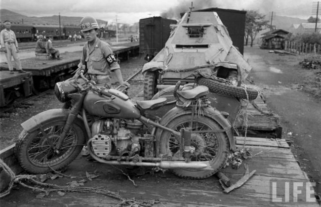 Captured BA-64 armoured car and motorcycle